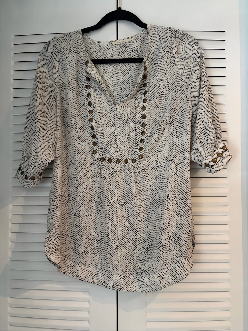 Women's White & Black Patterned Split Neck Top with Stud Detail